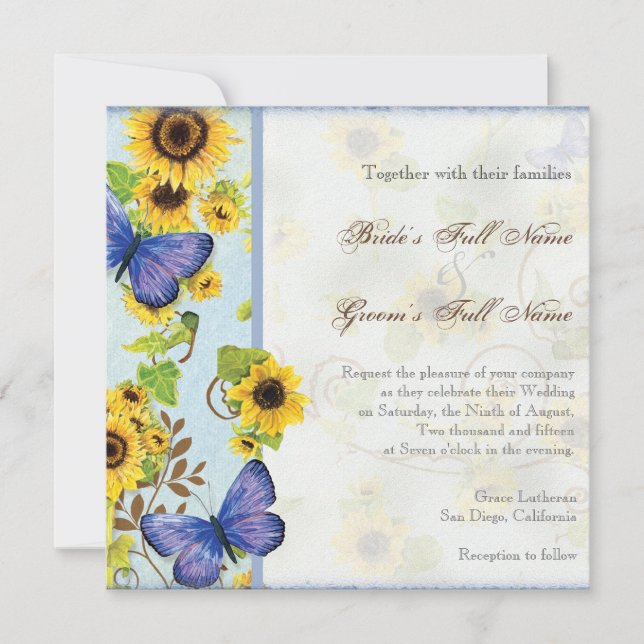 Sunflower Swirl Floral Frame Blue Butterfly Invite (Front)