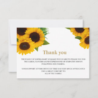 Sunflower Sympathy Funeral Thank You Note Card