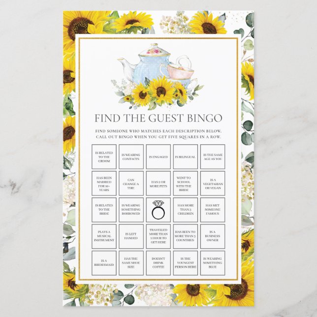 Sunflower Tea Party Bridal Find the Guest Bingo  (Front)