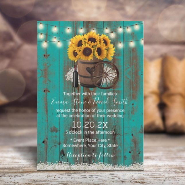 Sunflower Teal Barn Wood Barrel Rustic Wedding Invitation (Creator Uploaded)