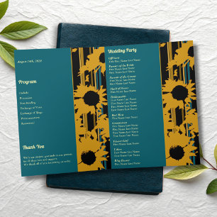 Sunflower Teal Blue Gold Modern Folded Wedding  Programme