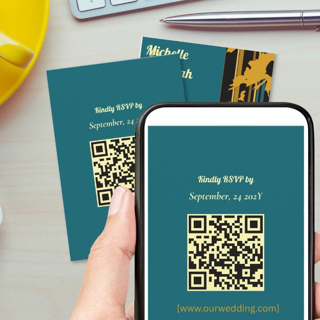 Sunflower Teal Blue Gold Modern QR Code Wedding  RSVP Card (Creator Uploaded)