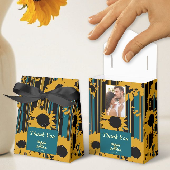 Sunflower Teal Blue Gold Modern Wedding Favour Box (Creator Uploaded)