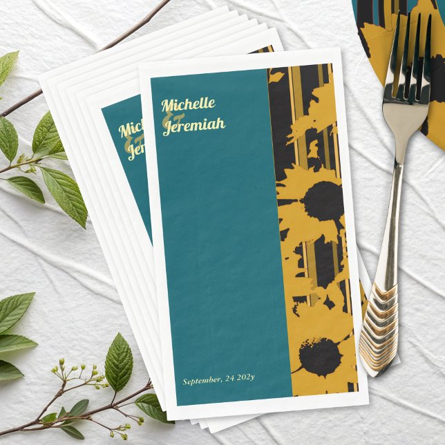 Sunflower Teal Blue Gold Modern Wedding Napkin (Creator Uploaded)