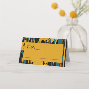 Sunflower Teal Blue Gold Modern Wedding Place Card