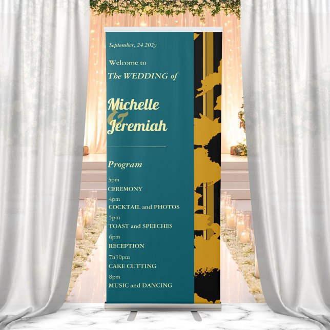 Sunflower Teal Blue Gold Modern Wedding Program Retractable Banner (Creator Uploaded)