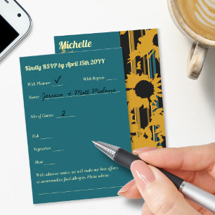 Sunflower Teal Blue Gold Modern Wedding RSVP Card