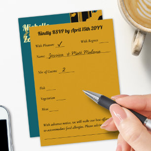 Sunflower Teal Blue Gold Modern Wedding RSVP Card