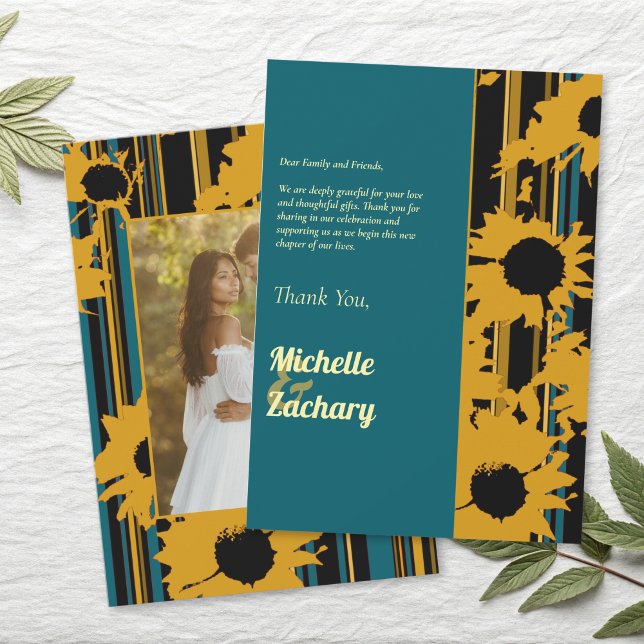 Sunflower Teal Blue Gold Modern Wedding Thank You Card (Creator Uploaded)