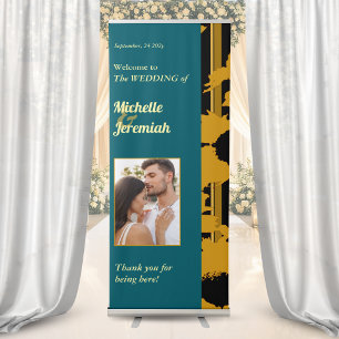 Sunflower Teal Blue Gold Modern Wedding Welcome Retractable Banner