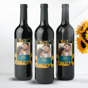 Sunflower Teal Blue Gold Modern Wedding Wine Label
