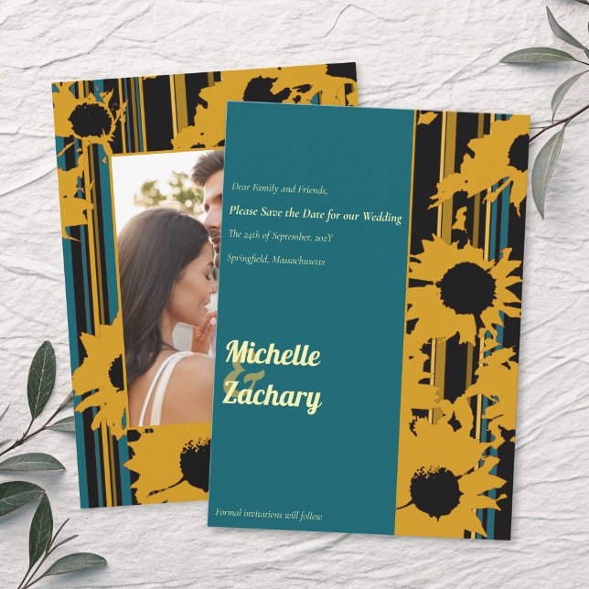 Sunflower Teal Blue Gold Wedding Photo Save The Date (Creator Uploaded)