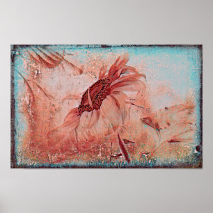 Sunflower Teal Brown Sepia Vintage Antique Texture Poster