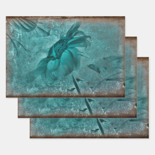 Sunflower Teal Brown Vintage Antique Grunge Wrapping Paper Sheet