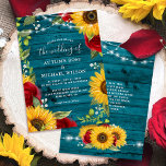 Sunflower Teal Burgundy Rose Rustic Wood Wedding Invitation<br><div class="desc">These stunning rustic sunflower wedding invitations feature an elegant floral border with many colours and wood options. Effortlessly personalise them for your upcoming Big day! This original design created by Raphaela Wilson with watercolor and mixed media depicts golden yellow sunflowers, burgundy red roses, along with white baby's breath and a...</div>