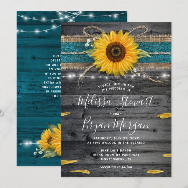 Sunflower Teal Burlap Lace Rustic Wood Wedding Invitation (Front/Back)