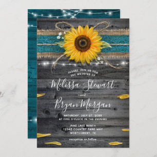 Sunflower Teal Burlap Lace Rustic Wood Wedding Invitation