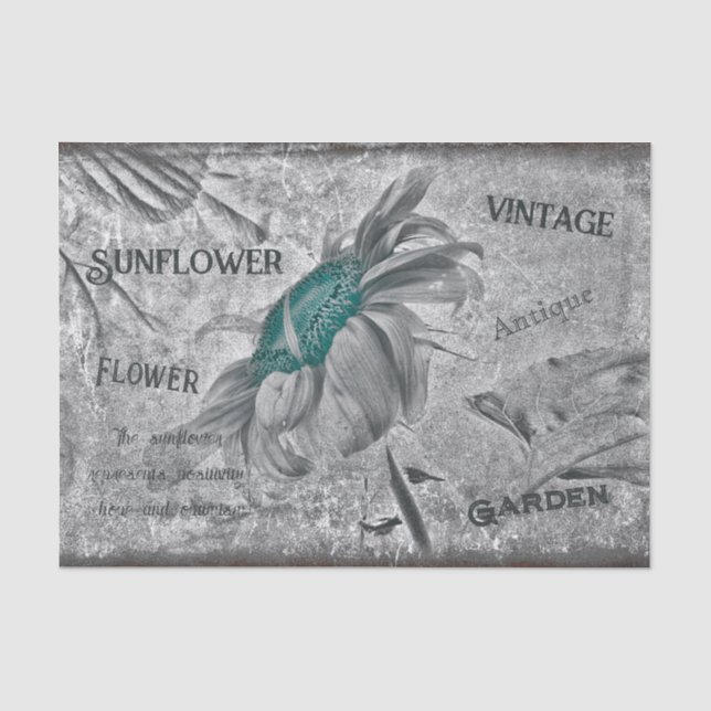 Sunflower Teal Grey Vintage Ephemera Texture Tissue Paper (Front)