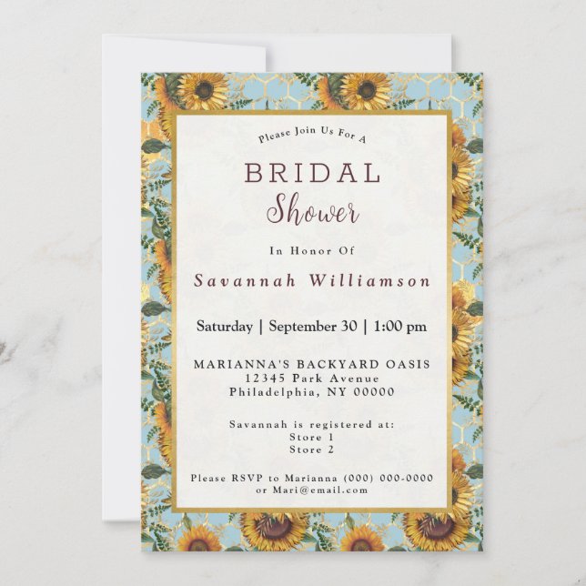 Sunflower Teal Honeycomb Bees Gold Bridal Shower Invitation (Front)