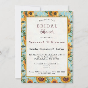 Sunflower Teal Honeycomb Bees Gold Bridal Shower Invitation