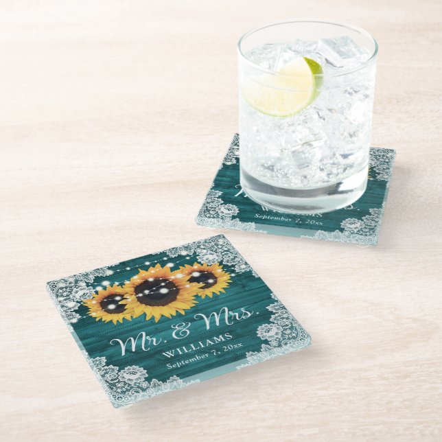Sunflower Teal Rustic Wood Lace Wedding Glass Coaster (Angled)