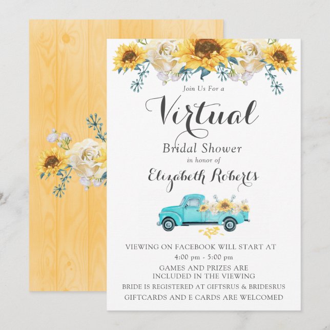 Sunflower Teal Vintage Truck Virtual Bridal Shower Invitation (Front/Back)