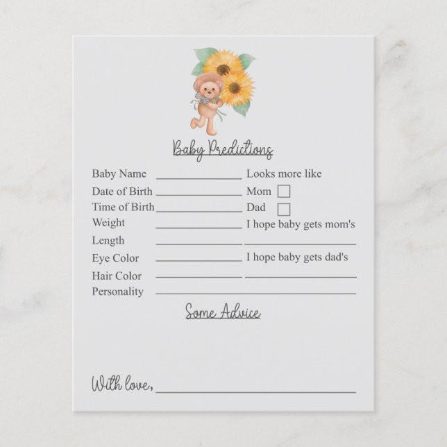 Sunflower Teddy Baby Shower Predictions And Advice (Front)