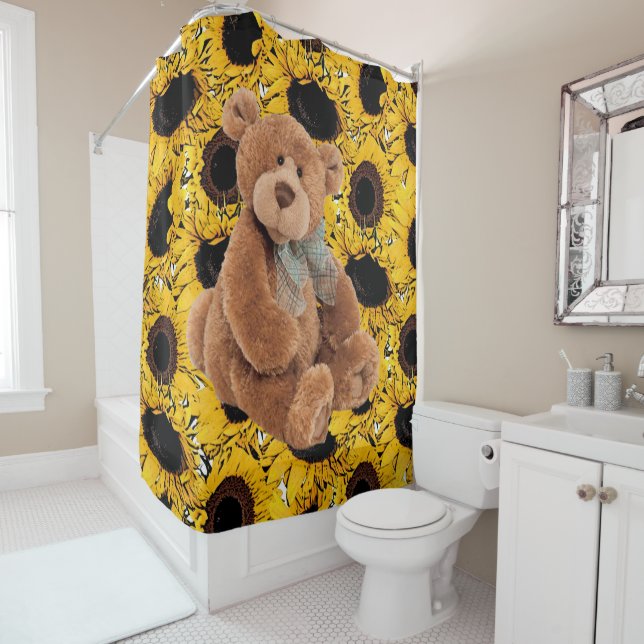 Sunflower Teddy Bear Shower Curtain (In Situ)