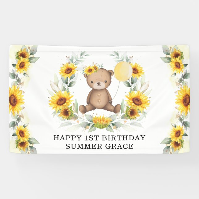 Sunflower Teddy Bear Yellow Balloon Happy Birthday Banner (Horizontal)