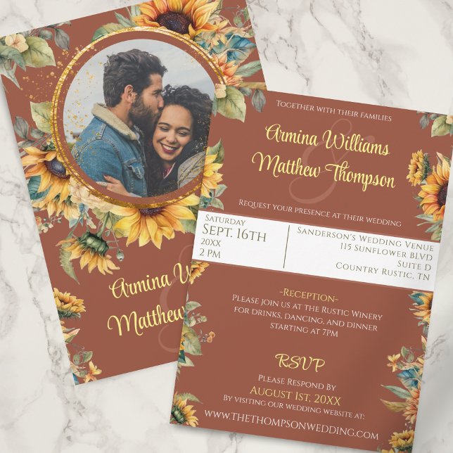 Sunflower Terracotta Photo Wedding With RSVP Invitation (Creator Uploaded)