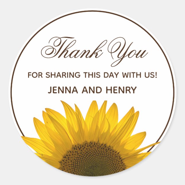 Sunflower Thank You Floral Script Country Classic Round Sticker (Front)
