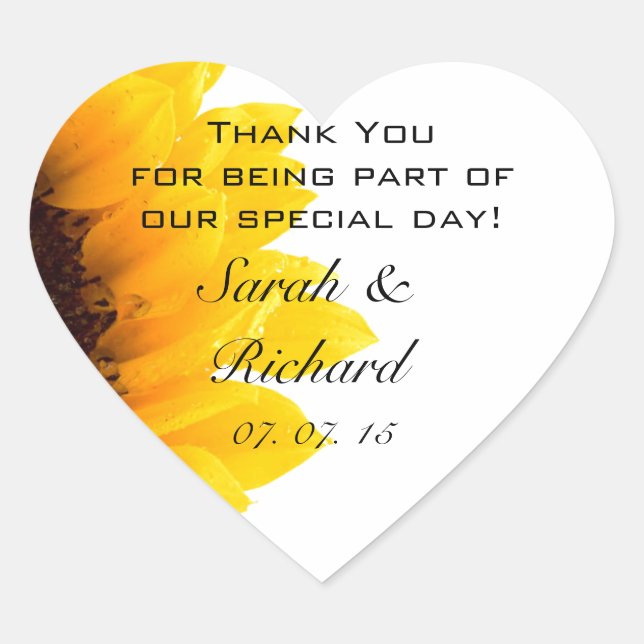 Sunflower Thank You Hearts Wedding Favour Stickers (Front)