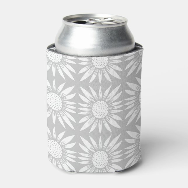 Sunflower Tile Pattern Grey White Can Cooler (Can Front)