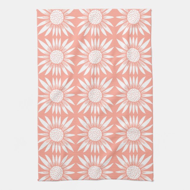 Sunflower Tile Pattern Pink White Tea Towel (Vertical)