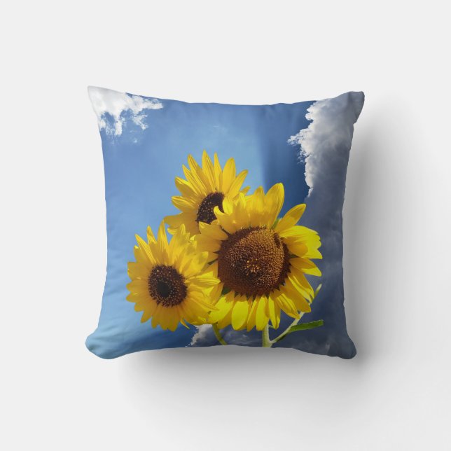 Sunflower Trio Against a Blue Sky with Clouds Cushion (Front)