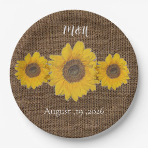 sunflower trio  in burlap look - rustic wedding paper plate