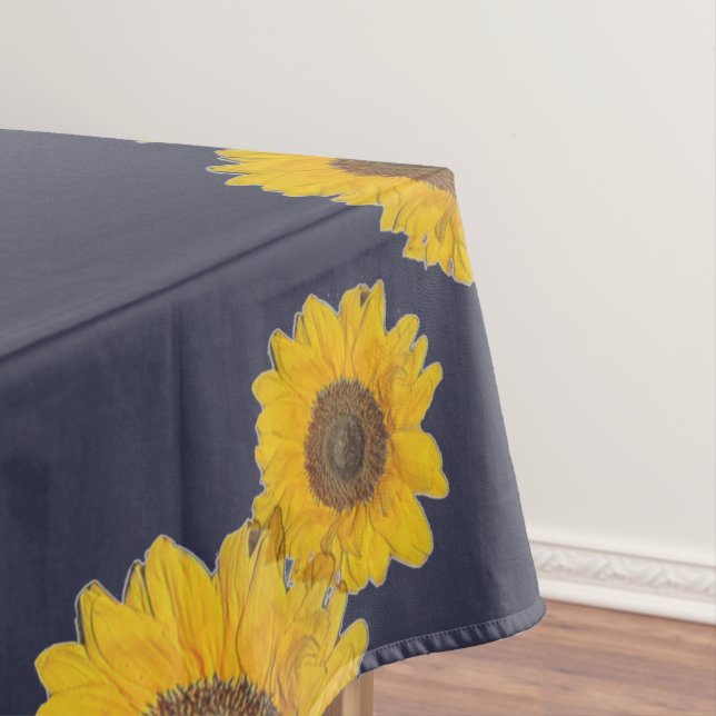 Sunflower trio in dark blue tablecloth (In Situ)