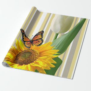 Sunflower Tulip Butterfly Stripe Wrapping Paper