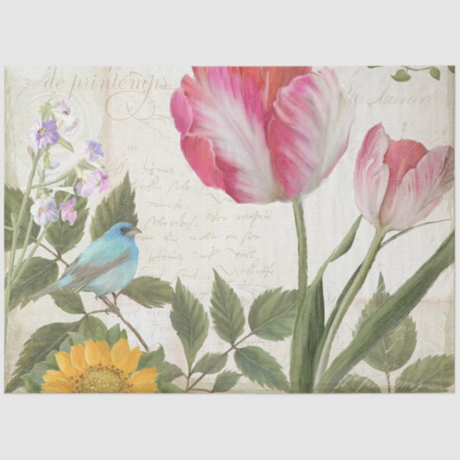 Sunflower Tulip Flowers Bird Ephemera Decoupage Tissue Paper (Front)