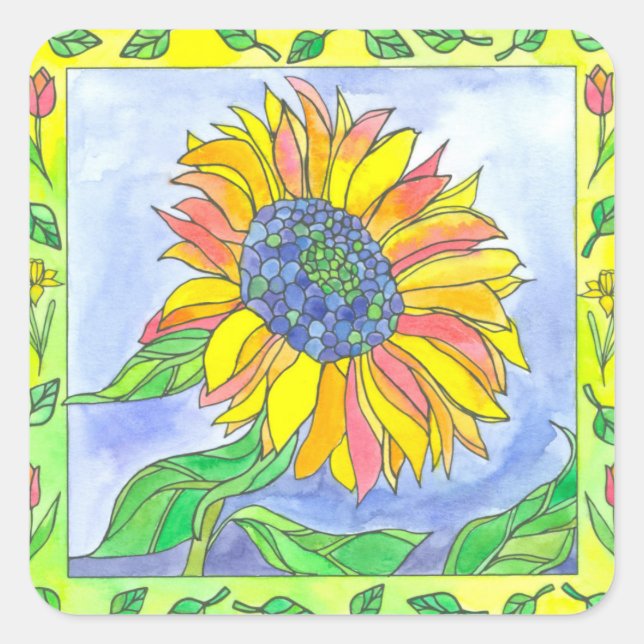 Sunflower Tulips Watercolor Flowers Illustration Square Sticker (Front)