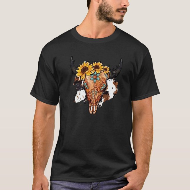 Sunflower Turquoise Boho Bull Skull Rodeo Western  T-Shirt (Front)