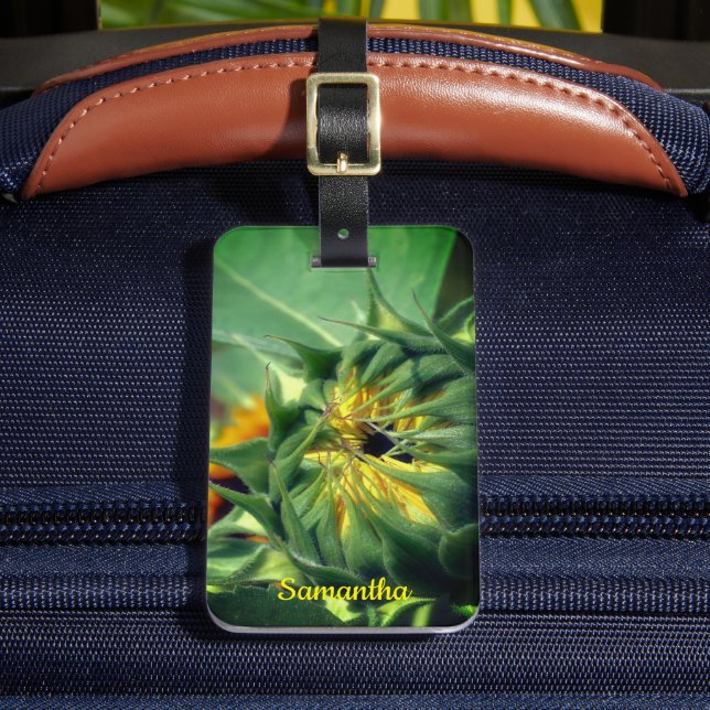 Sunflower Unfolding Personalised Luggage Tag (Front Insitu 2)
