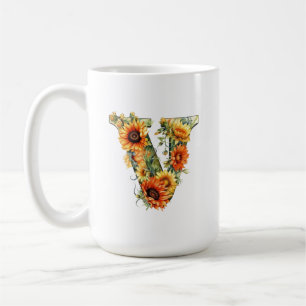 Sunflower V Letter Graphic Shirt for Women Cute Coffee Mug