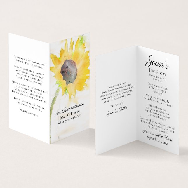 Sunflower Vase Watercolor Funeral Memorial Prayer Business Card (Inside and Outside)