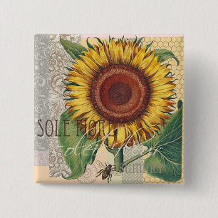 Sunflower Vintage Damask Flower Art 15 Cm Square Badge