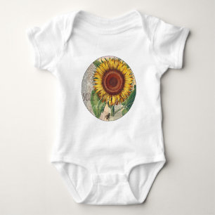 Sunflower Vintage Damask Flower Art Baby Bodysuit