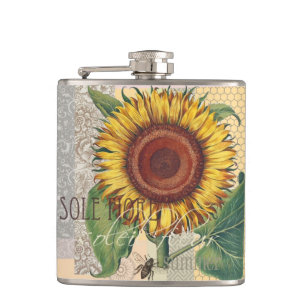 Sunflower Vintage Damask Flower Art Hip Flask