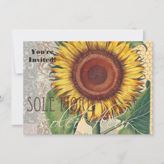 Sunflower Vintage Damask Flower Art Invitation (Front)