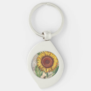Sunflower Vintage Damask Flower Art Key Ring