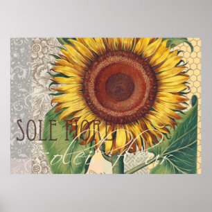 Sunflower Vintage Damask Flower Art Poster